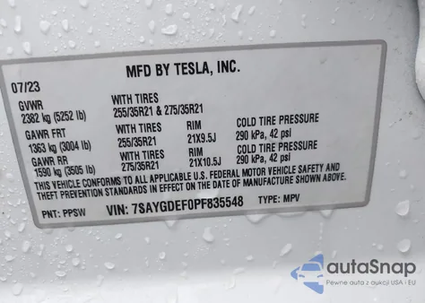 2023 Tesla Model Y Performance Dual Motor All-Wheel Drive z USA, uszkodzony, nr VIN 7SAYGDEF0PF835548
